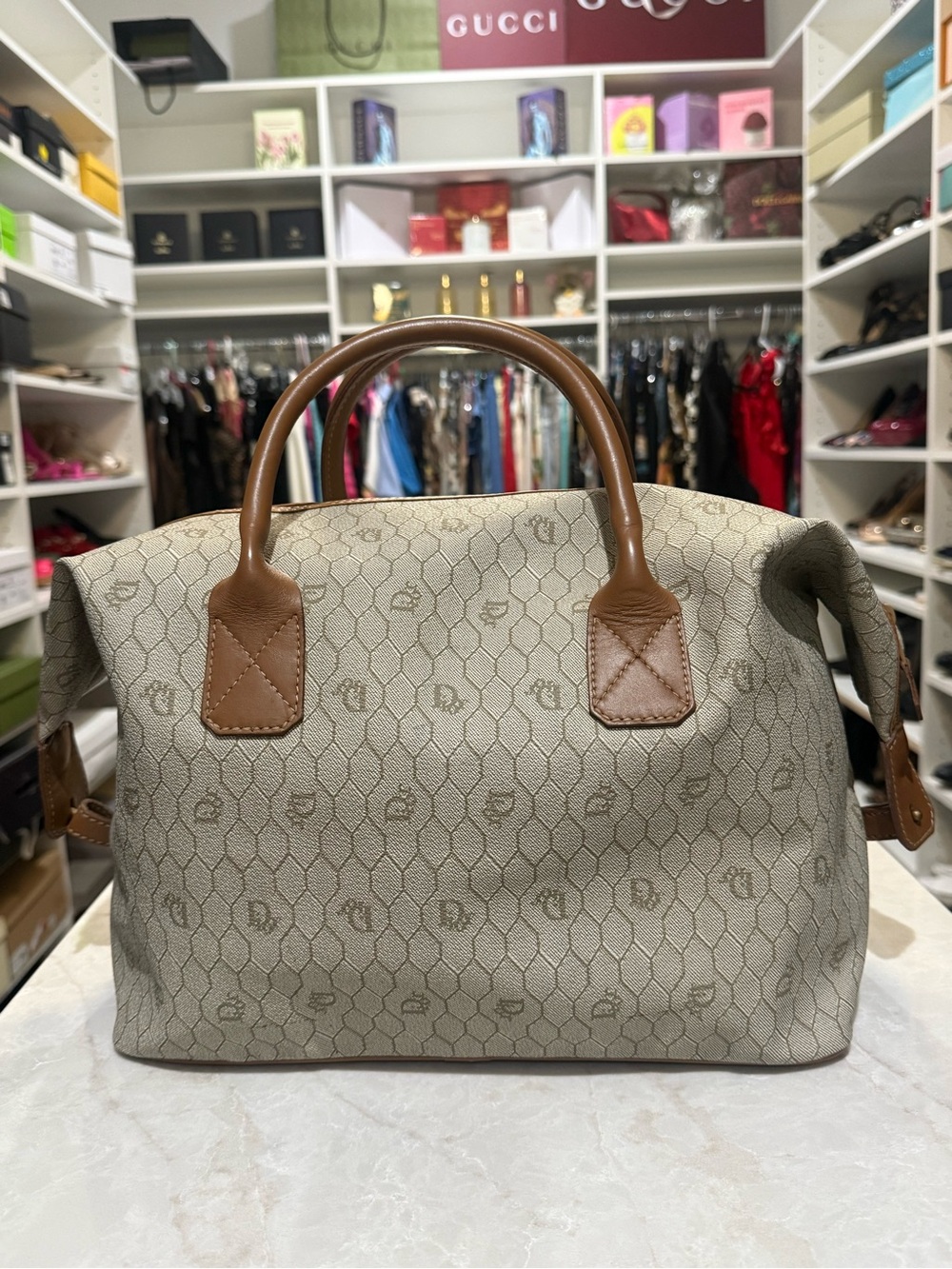 Vintage Christian Dior
Honeycomb Coated Canvas leather trim large Boston bag EUC - Picture 12 of 17